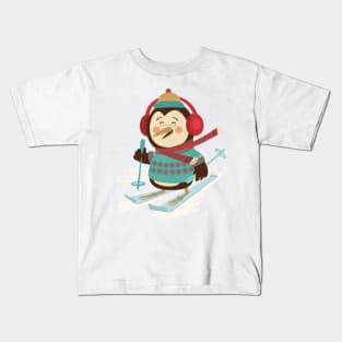 Penguin Skiing Cartoon Kids T-Shirt